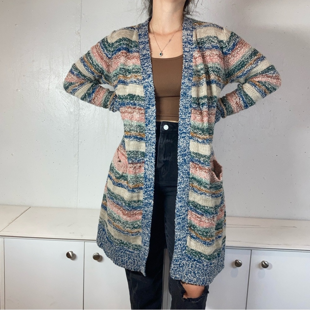 Knit Boho Striped Rag Rug Longline Cardigan Duster